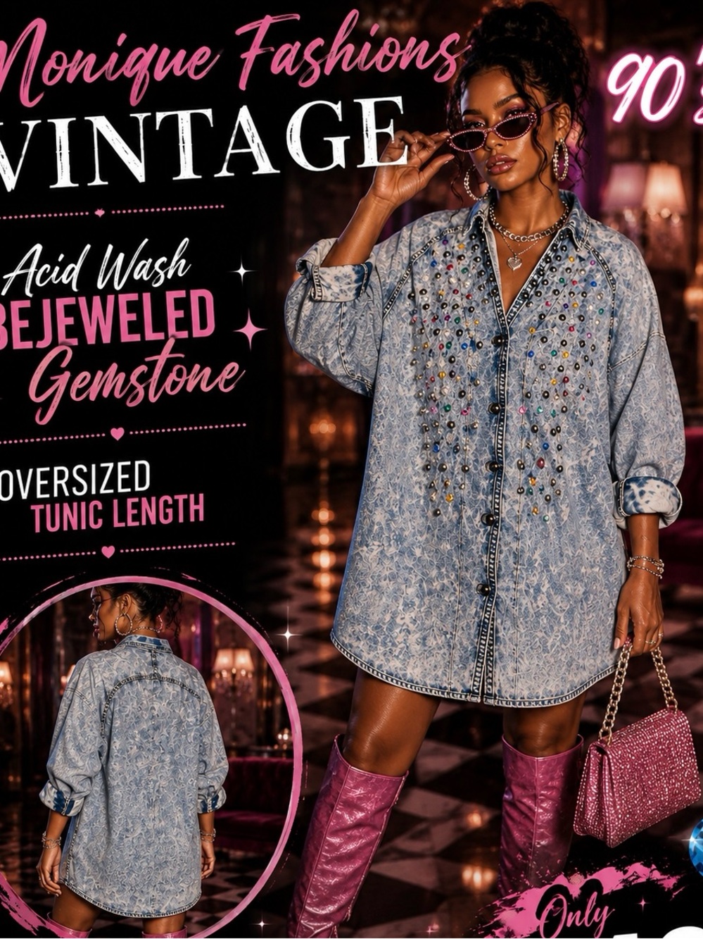 Monique’s fashion Vintage Acid Wash Bejeweled Tunic - Pink Boots Look
